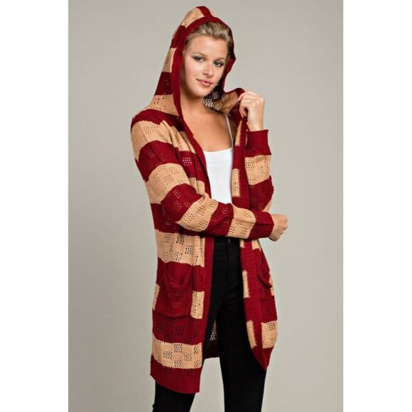 Open Knitted Striped Hooded Cardigan w/ Pockets - Picture 5 of 11